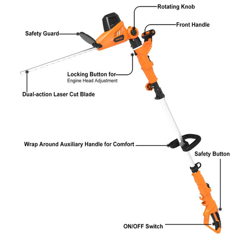 Exploded view of Beefy 2 In 1 Electric Pole Hedge Trimmer With Telescoping Reach detailing handles and controls.