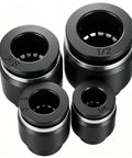 Snag This 10 Piece Pneumatic Quick Connect Kit With Push To Connect Air Line Fitting Plug Adapters In Cap Style For 1/4 5/16 3/8 And 1/2 Inch Tubing That Rock Solid Build For All Your Heavy Duty Projects. black PBT pneumatic quick connect fittings, 1/4 to 1/2 inch sizes