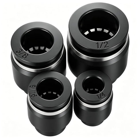 Snag This 10 Piece Pneumatic Quick Connect Kit With Push To Connect Air Line Fitting Plug Adapters In Cap Style For 1/4 5/16 3/8 And 1/2 Inch Tubing That Rock Solid Build For All Your Heavy Duty Projects. black PBT pneumatic quick connect fittings, 1/4 to 1/2 inch sizes
