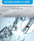 Diagram showcasing water flow efficiency of 24 Inch Brushed Nickel Linear Shower Drain With Tile Insert Grate, 304 Stainless Steel Rectangle Shower Floor Drain, 2 In 1 Design That Delivers No Fuss Seamless Tile Ready Look And Easy Install.