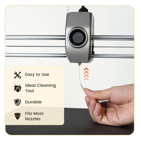 Illustration of a hand using Pro Grade 3D Printer Nozzle Cleaning Kit With Soft Rubber Handle, showing ease of use on extruder.