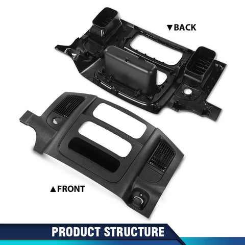 PIT66 dash center radio bezel trim with storage box, solid black; front panel and back frame for Dodge Ram 1500/2500-3500 (2002-2005).