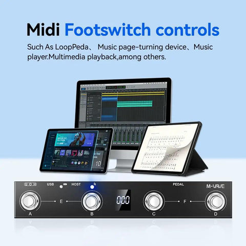 Chocolate Plus Wireless Bluetooth MIDI Foot Controller with Four Buttons shown with tablets and computers for music control.