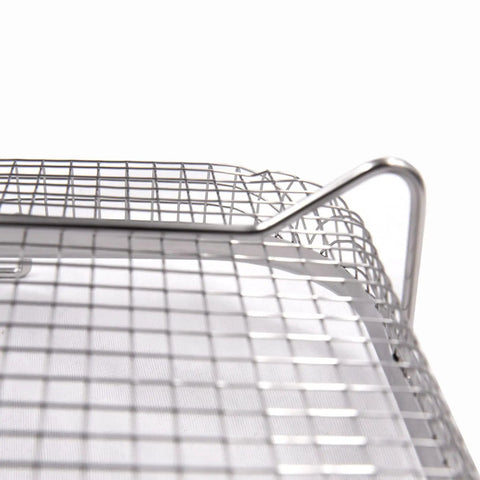 Close-up of 2 Piece Air Fryer Basket Set With Magnetic Cooking Times Cheat Sheet And Oven Reference Magnet, stainless steel mesh