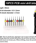 Pin Vise Hand Drill Kit With A Pro Grade Durable Aluminum Alloy Handle Includes Hand Drill Elbow Tweezers Ten PCB Drill Bits And Forty Eight Twist Micro Drill Bits displayed with 10 mini PCB drill bits and measurements.