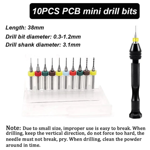 Pin Vise Hand Drill Kit With A Pro Grade Durable Aluminum Alloy Handle Includes Hand Drill Elbow Tweezers Ten PCB Drill Bits And Forty Eight Twist Micro Drill Bits displayed with 10 mini PCB drill bits and measurements.