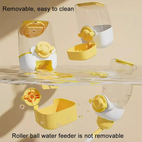 No Stress Hanging Pet Food And Water Bowl Combo For Cats Dogs And Small Rabbits Gravity Powered Cage Mounted Dispenser Holds 37 Oz, shown in yellow, features removable parts for easy cleaning.