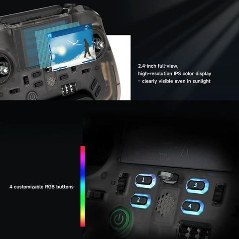 Open Source RC Transmitter With 2.4 Inch IPS Screen, Gyro Stabilized 2.4GHz Radio, retractable antenna, 4 RGB buttons
