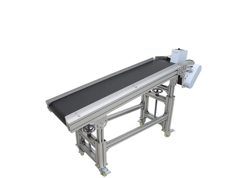 Front view of PVC Belt Inclined Conveyor System 59 Inch Long By 11.8 Inch Wide Electric Ramp Conveyor with black belt on metal frame.