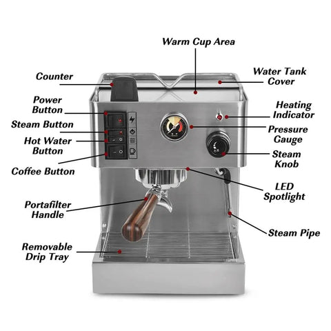 Top Shelf Electric Coffee Machine And Milk Frother Kitchen Appliance With Removable Water Tank Effortless Clean Drip Tray stainless steel control panel details.