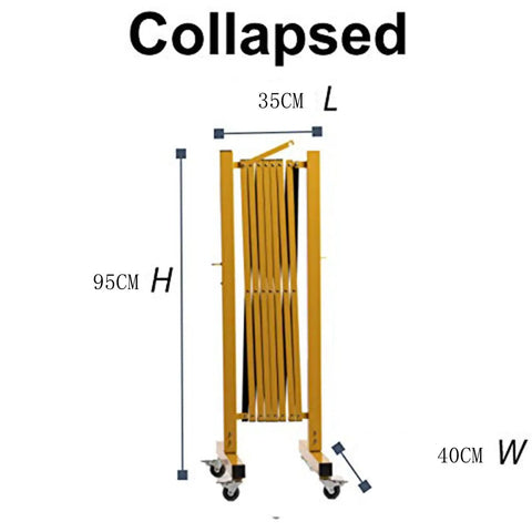 Heavy Duty Expandable Metal Barricade Gate For Crowd Control And Traffic Jobs No Sweat Retractable Fence collapsed view with dimensions.