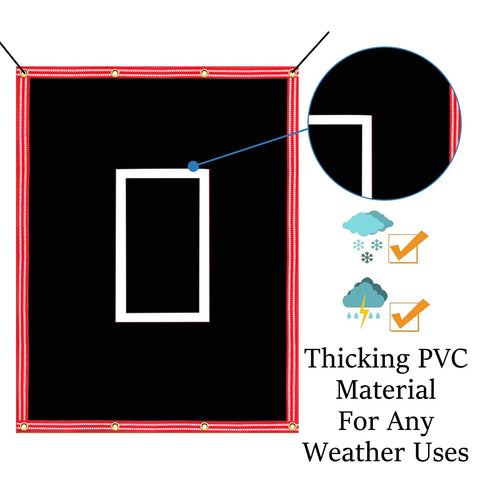 Heavy Duty 4x6 Ft Baseball Batting Cage Backstop with PVC Vinyl Backdrop, showing strike zone and weather-resistant material details.