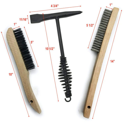Tough As Nails Welding Chipping Hammer With Comfort Grip Spiral Handle And Anti Rust Tempered Steel Head Plus Stainless Steel Wire Scrubbing Brushes For Mig TIG Cleanup Kit, featuring wire brushes and a chipping hammer.