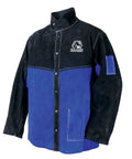 Blue Cowhide Leather Welding Jacket For Unisex Welders, Heavy Duty Protective Gear With Sparks Resistant Build, Two Snap Welder Collar, Durable Split Cowhide, Comfy Yet Rugged Large Size For Tough Job Sites, frontal view.