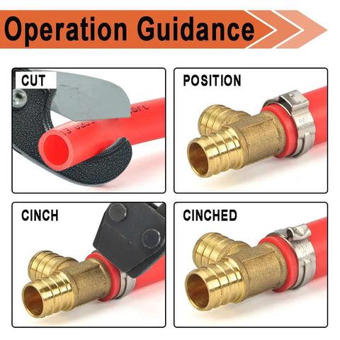 Operation steps for All In One PEX Cinch Clamp Tool Kit With 26 Half Inch Clamps And 12 Brass Fittings Including 2 Tee 4 Coupling 6 Elbow Connectors