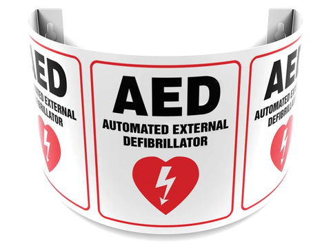 AED sign banner, curved strip with panels reading Automated External Defibrillator and red heart symbol.