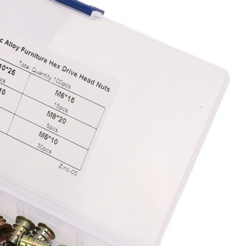 Solid Zinc Alloy Hex Drive Threaded Inserts For Furniture Repair And Assembly That Install Easy With Tool Kit displaying size specifications.