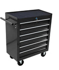 Heavy Duty Rolling Tool Chest With Six Roomy Drawers, featuring sleek black design and secure locking lid for organization.