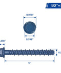 Beefy Half Inch By Five Inch Concrete Screw Anchor Kit With Drill Bit And Hex Driver Blue Coated, dimensions shown, front view