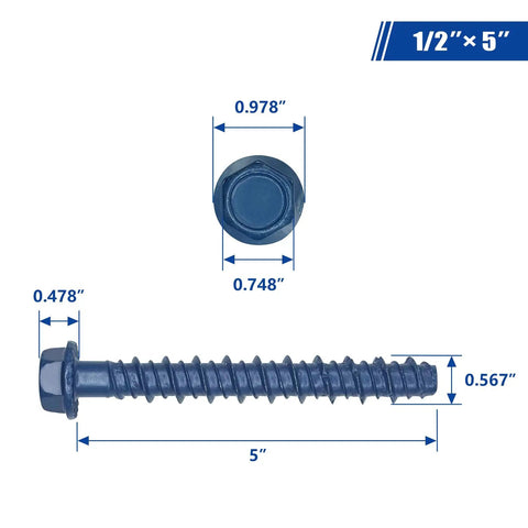 Beefy Half Inch By Five Inch Concrete Screw Anchor Kit With Drill Bit And Hex Driver Blue Coated, dimensions shown, front view