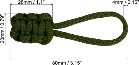 Dimensions of hand-woven paracord handle from 5 Pack Olive Green Universal Zipper Pull Replacement Kit Set With Nylon And Metal Zipper Fixers