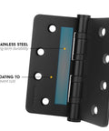 Front view of a black 4-inch ball-bearing door hinge with stainless steel and rust-preventing coating