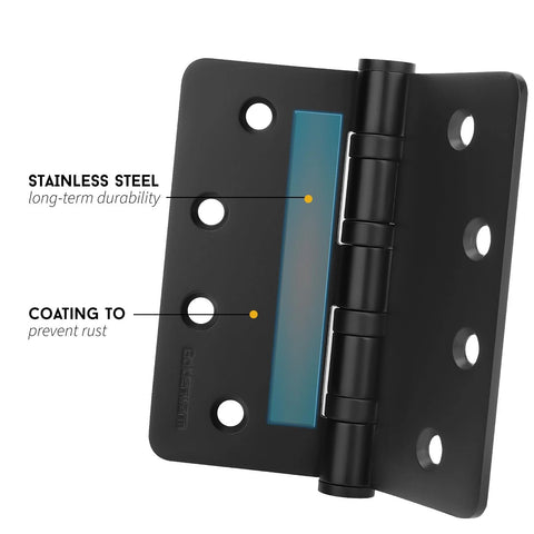 Front view of a black 4-inch ball-bearing door hinge with stainless steel and rust-preventing coating