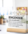 Engineer Definition Acrylic Plaque With Wooden Stand 4x4 Inch Square Cool Desk Sign Modern Clear Engineering Decor For Home Office Tabletop Gift Idea Perfect Gift For Any Desk displayed with graphics and text definition in a home office setting.