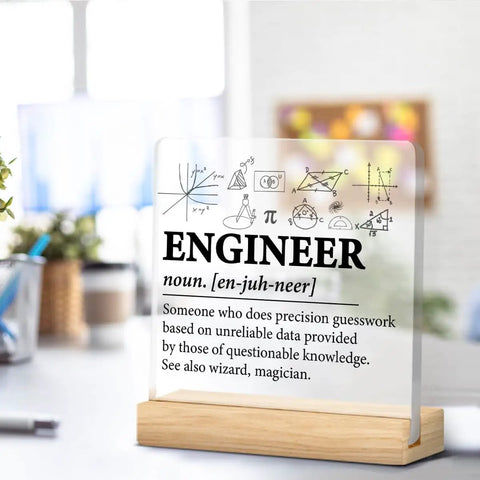 Engineer Definition Acrylic Plaque With Wooden Stand 4x4 Inch Square Cool Desk Sign Modern Clear Engineering Decor For Home Office Tabletop Gift Idea Perfect Gift For Any Desk displayed with graphics and text definition in a home office setting.