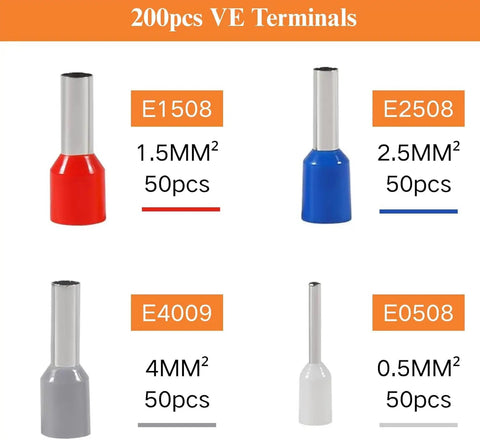 200PCS Ferrule Crimping Tool Kit With Insulated Copper Wire Terminals And Connectors 0.5 To 10 mm2 22 To 7 AWG Pro Grade Easy Crimp With Nylon Sleeves For Maximum Conductivity And Tough, Corrosion Resistant Performance. 200pcs VE terminals, 0.5-4mm², color coded