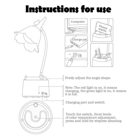 Illustration showing setup instructions for Pink Desk Lamp With Rechargeable LED And USB Charging, Three Color Modes And Stepless Dimming, Cute Dorm Room Light With Phone Holder Base.