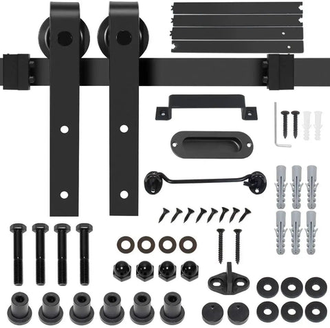 Heavy Duty 6 Foot Sliding Barn Door Hardware Kit With A Rock Solid Smooth Quiet Glide And Easy Install Includes Door Hook And Two Handles For Doors One And Three Eighths To One And Three Quarters Inch Thick Black Finish J Shape Hangers components displayed