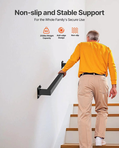 Badass Industrial Wall Mount Stair Handrail, Three Foot Black Iron Staircase Grip Square Tube, Heavy Duty dual section setup shown in use.