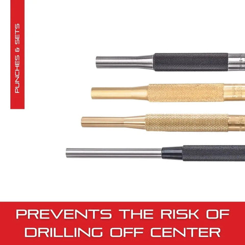 Hinge Locating Automatic Center Punch With Adjustable Stroke 125mm Length 16mm Diameter Tapered Point in black and gold