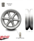 Front view of a 6-inch cast-iron V-groove caster wheel with 1/2 in bore and roller bearing (wheel only).