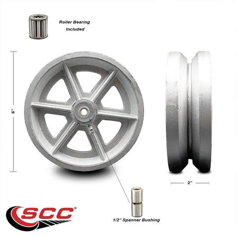 Front view of a 6-inch cast-iron V-groove caster wheel with 1/2 in bore and roller bearing (wheel only).