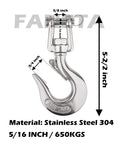 304 Stainless Steel Clevis Slip Hook With Safety Latch And Swivel Eye, American Type Jaw, Heavy Duty, 5/16 Inch, 650KG, dimensions shown.