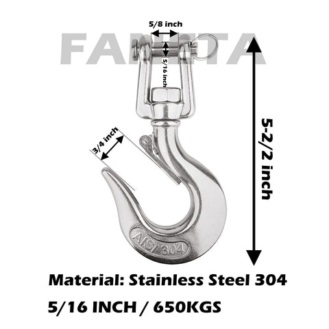 304 Stainless Steel Clevis Slip Hook With Safety Latch And Swivel Eye, American Type Jaw, Heavy Duty, 5/16 Inch, 650KG, dimensions shown.