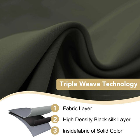 Close-up of olive fabric showing triple weave technology for Olive Blackout Curtains Two Panel Set 52 Wide By 84 Long Thermal Insulated Room Darkening.