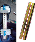 Four Pcs DIN Rail Slotted Design Steel Rail Mounts, 200Mm Long, 35Mm Wide, 7.5Mm High, Galvanized, Pro Grade, shown with devices.