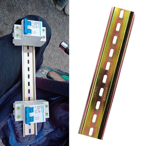 Four Pcs DIN Rail Slotted Design Steel Rail Mounts, 200Mm Long, 35Mm Wide, 7.5Mm High, Galvanized, Pro Grade, shown with devices.