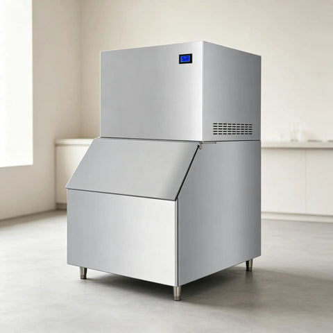 Heavy Duty Commercial Ice Maker Pumping Out Crisp Clear Cubes On The Fly With Stainless Steel Frame And Roomy Storage Bin.