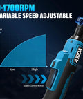Cordless Three Eighths Inch Electric Ratchet Wrench With Beefy 66 ft-Lbs Torque, 21V Power displayed with adjustable speed setting