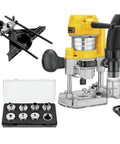 Powerful 1.25 HP Variable Speed Router Kit With Fixed And Plunge Bases, bits, and accessories in display