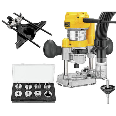 Powerful 1.25 HP Variable Speed Router Kit With Fixed And Plunge Bases, bits, and accessories in display