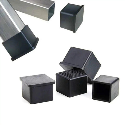 Heavy Duty Rubber Furniture Glide Caps Square Chair Leg Covers Non Slip Floor Savers Rock Solid Grip close-up of black rubber caps