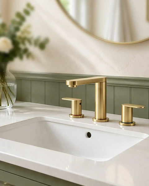 Top Shelf Brushed Gold 3 Hole 8 Inch Widespread Bathroom Sink Faucet Built Dang Solid For Zero Leak Reliability And Flows Smooth As Butter Straight Out The Box on modern vanity.