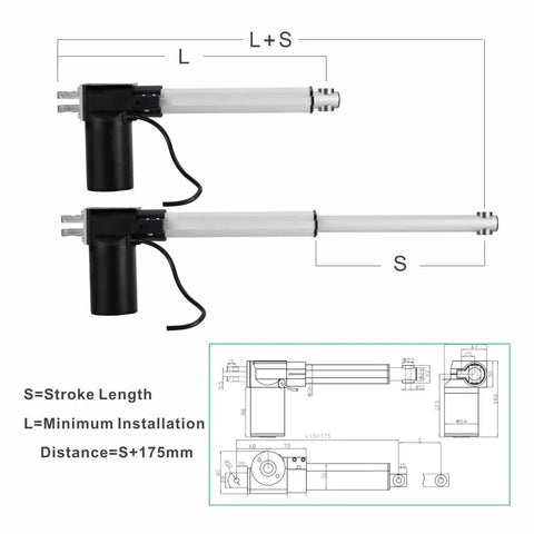 Knockout Thrust DC 12V And 24V Linear Actuator with dimensions for installation, designed for smooth heavy motion and DIY projects.