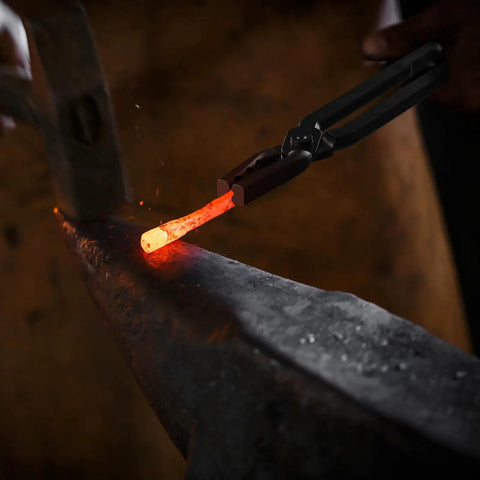 Two Piece Wolf Jaw Blacksmith Tongs And Hammer Set For Knife Making handling hot metal on anvil