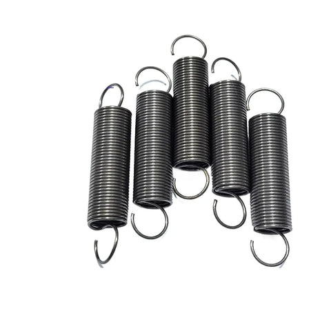 Heavy Duty 2 Pc Tension Springs With Open Hooks Pullback Force Wire Spring For Mechanical Repairs Durable Steel Extension Pieces laid out side by side.